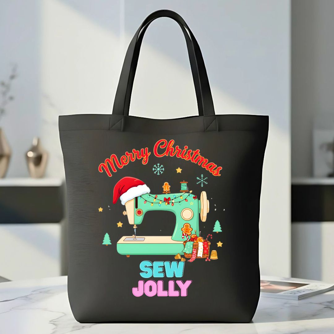 Sew Jolly Tote Bag with spool and holly design