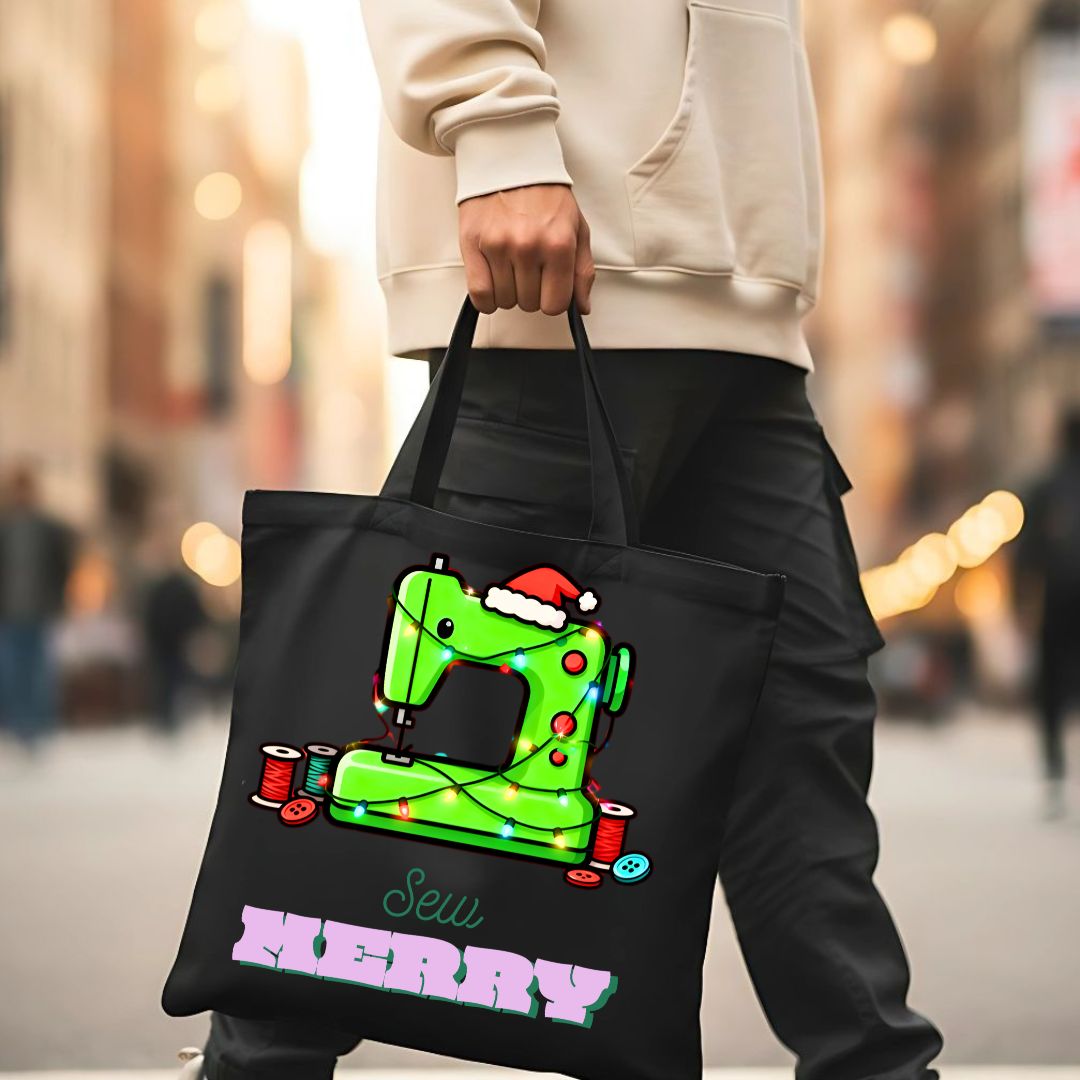 Sew Merry Tote Bag with spool and needle design