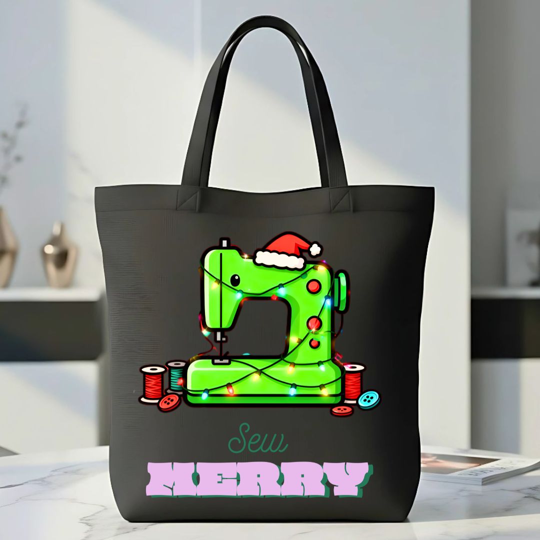 Sew Merry Tote Bag with spool and needle design