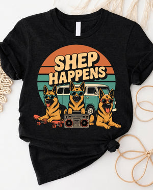 Shep happens tee with funny shepherd dog pun graphic design