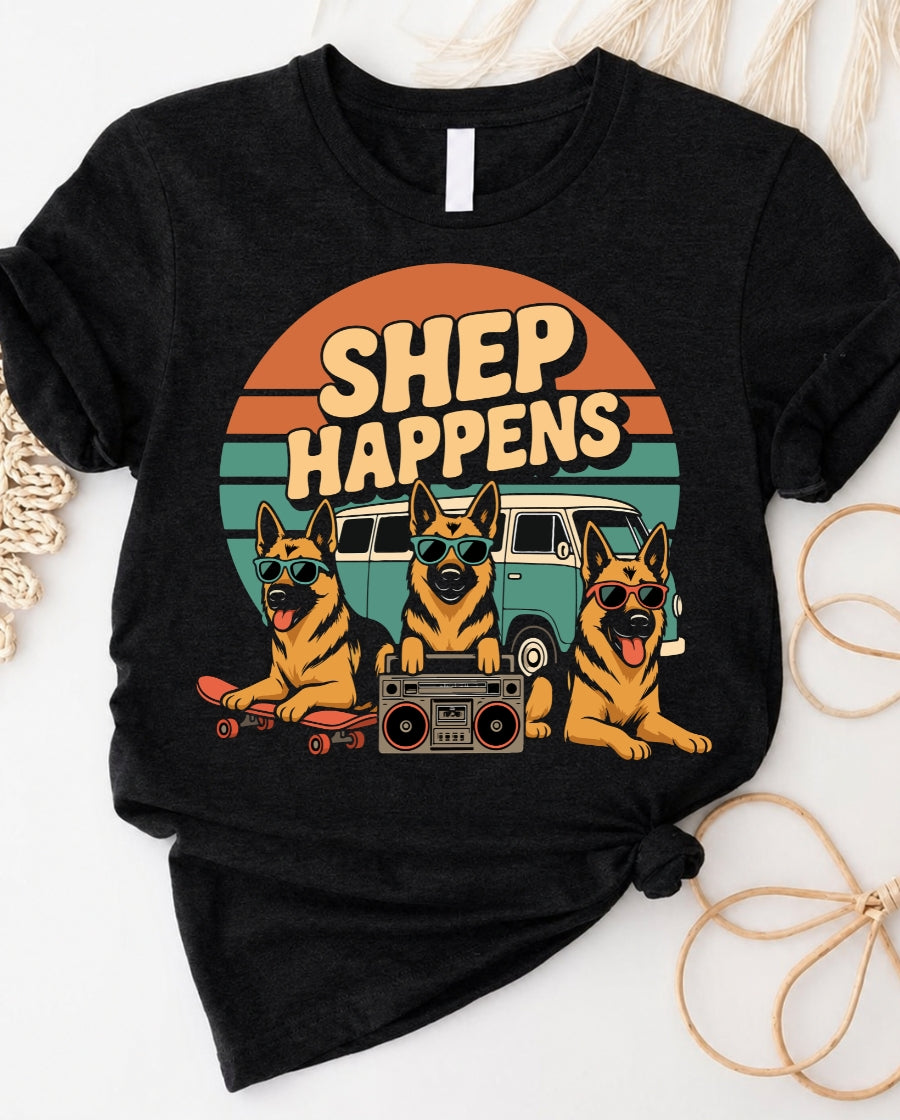 Shep happens tee with funny shepherd dog pun graphic design