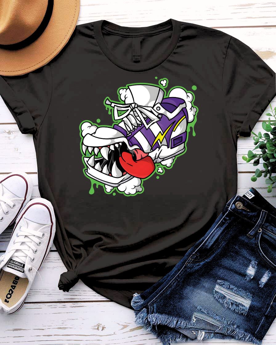 Shoes Bite Streetwear Tee with sneaker being bitten by concrete teeth on model