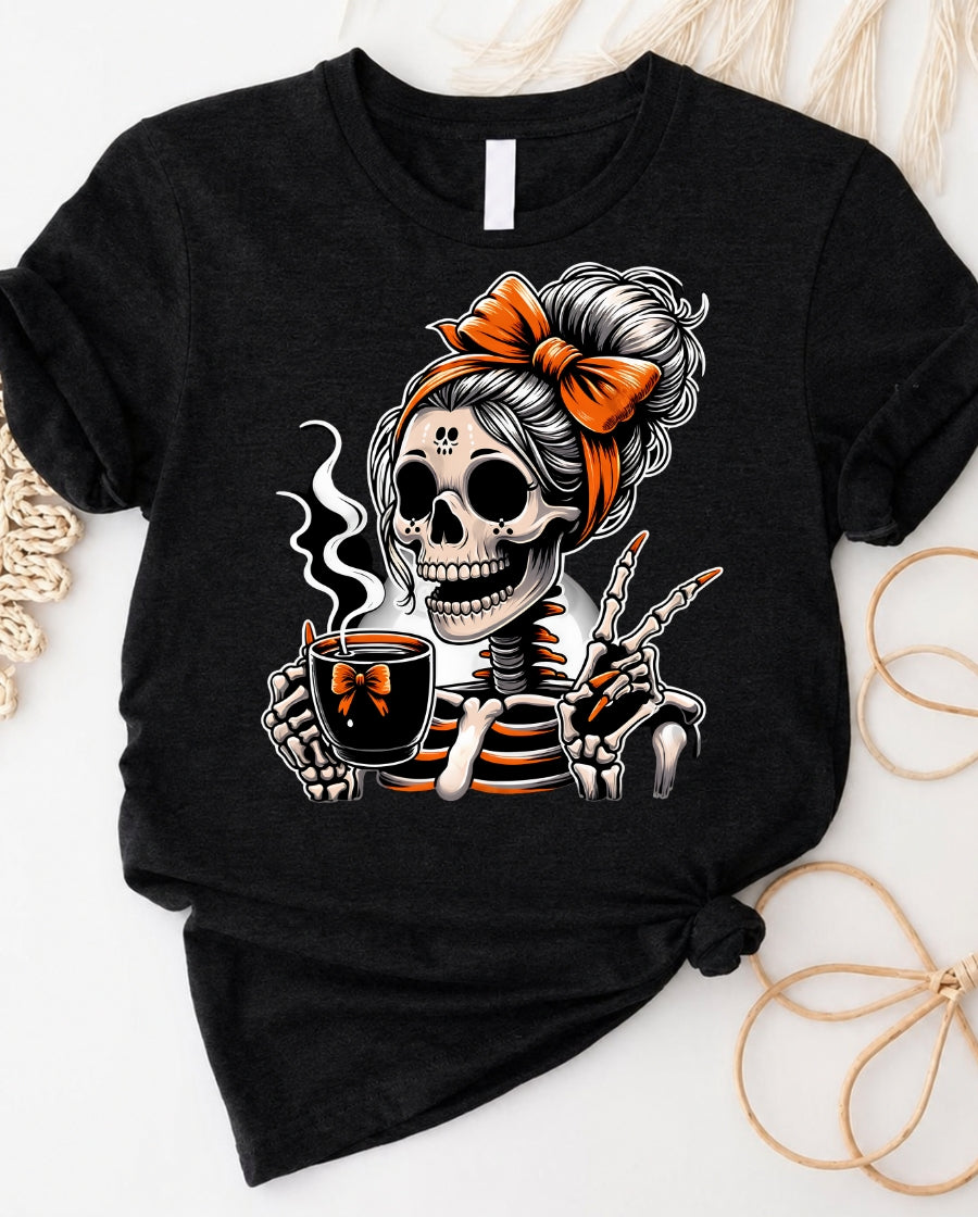 Skeleton lady coffee tee with retro pinup skull graphic and never better slogan