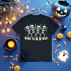 Skeleton meme Halloween T-shirt with “Bone To Be Wild” text