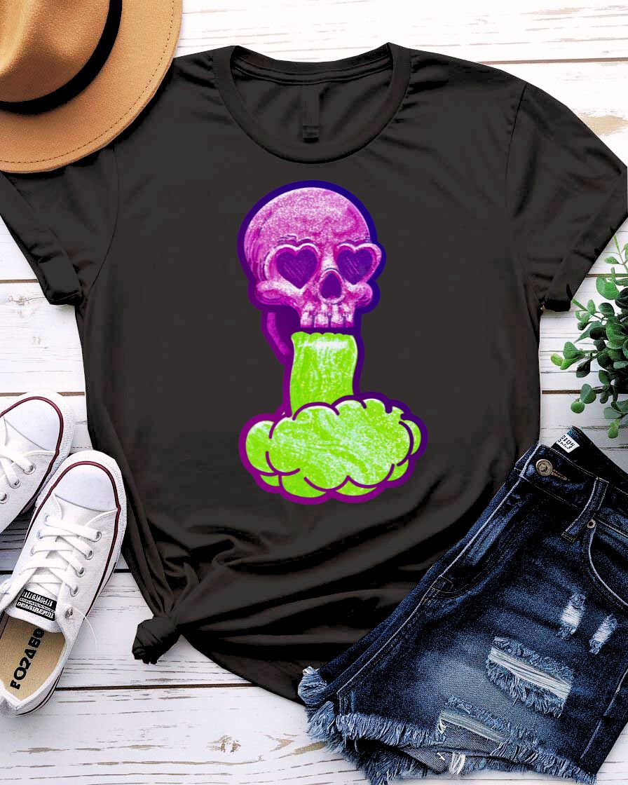 Skull Fumes t-shirt with detailed skull exhaling colorful vaporwave fumes