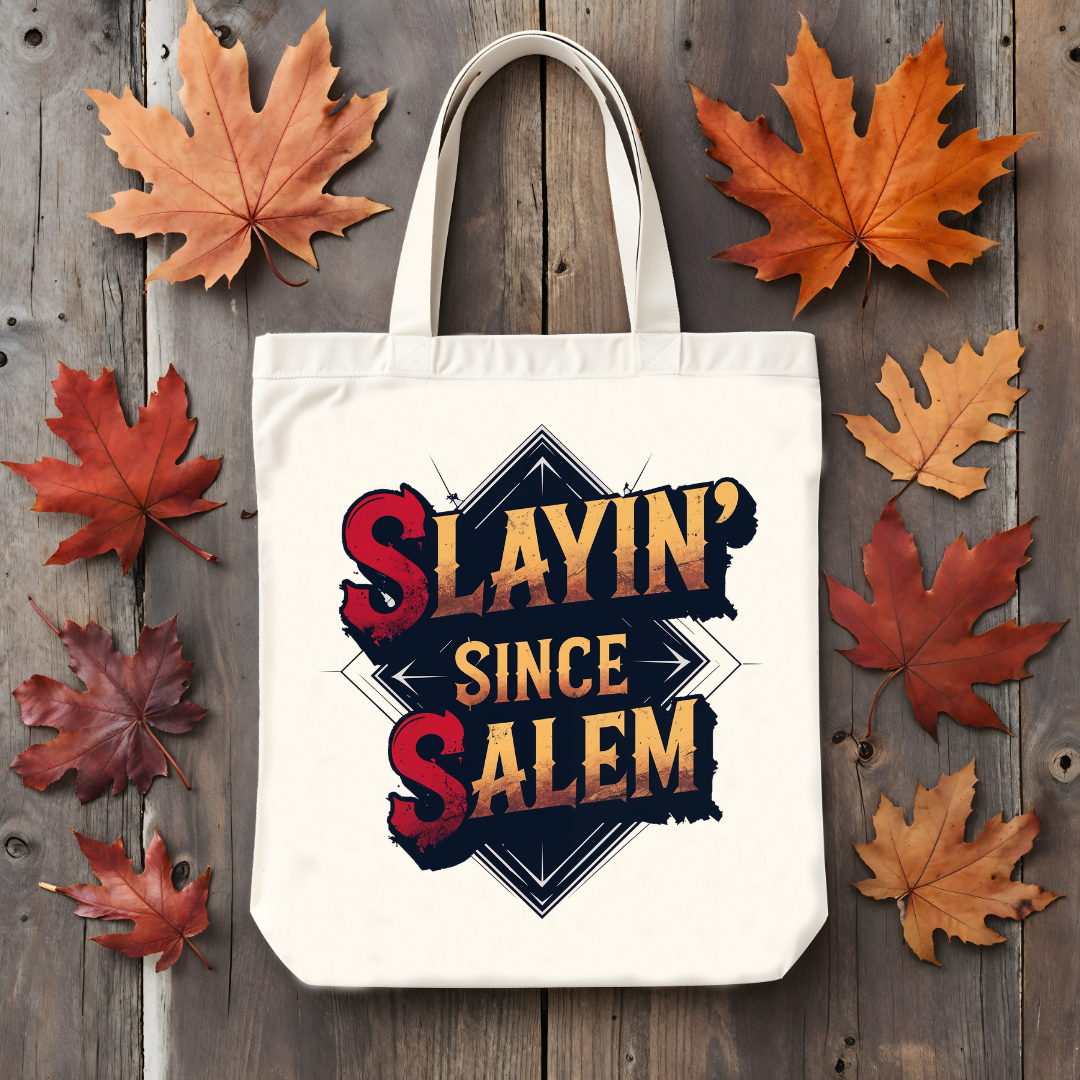 Slayin' Since Salem Halloween tote bag – cotton canvas bag with gothic witchy meme text by Memez Store