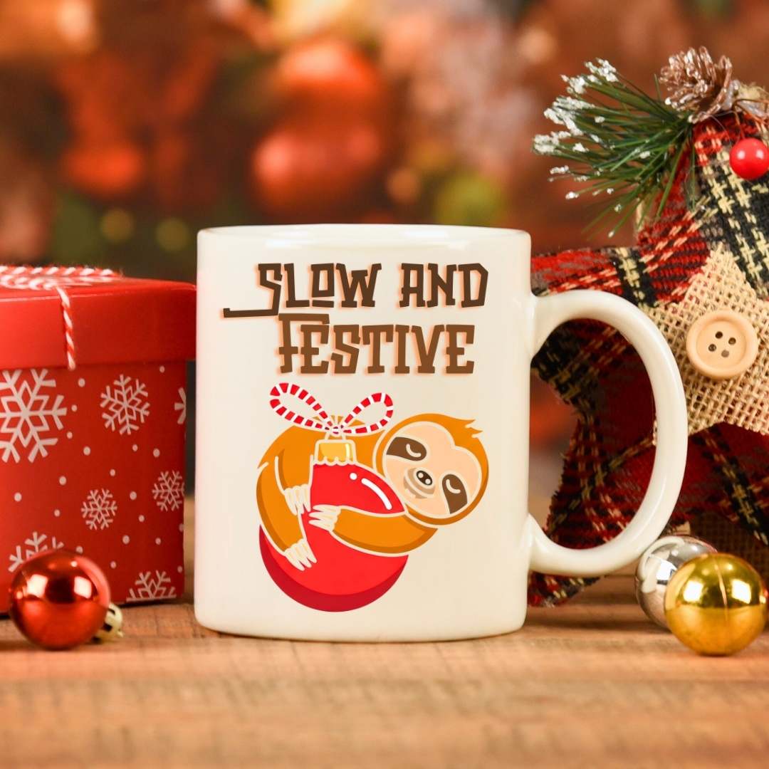 “Slow & Festive Meme Christmas Mug – funny turtle coffee mug for lazy holiday mornings by Memez.Store