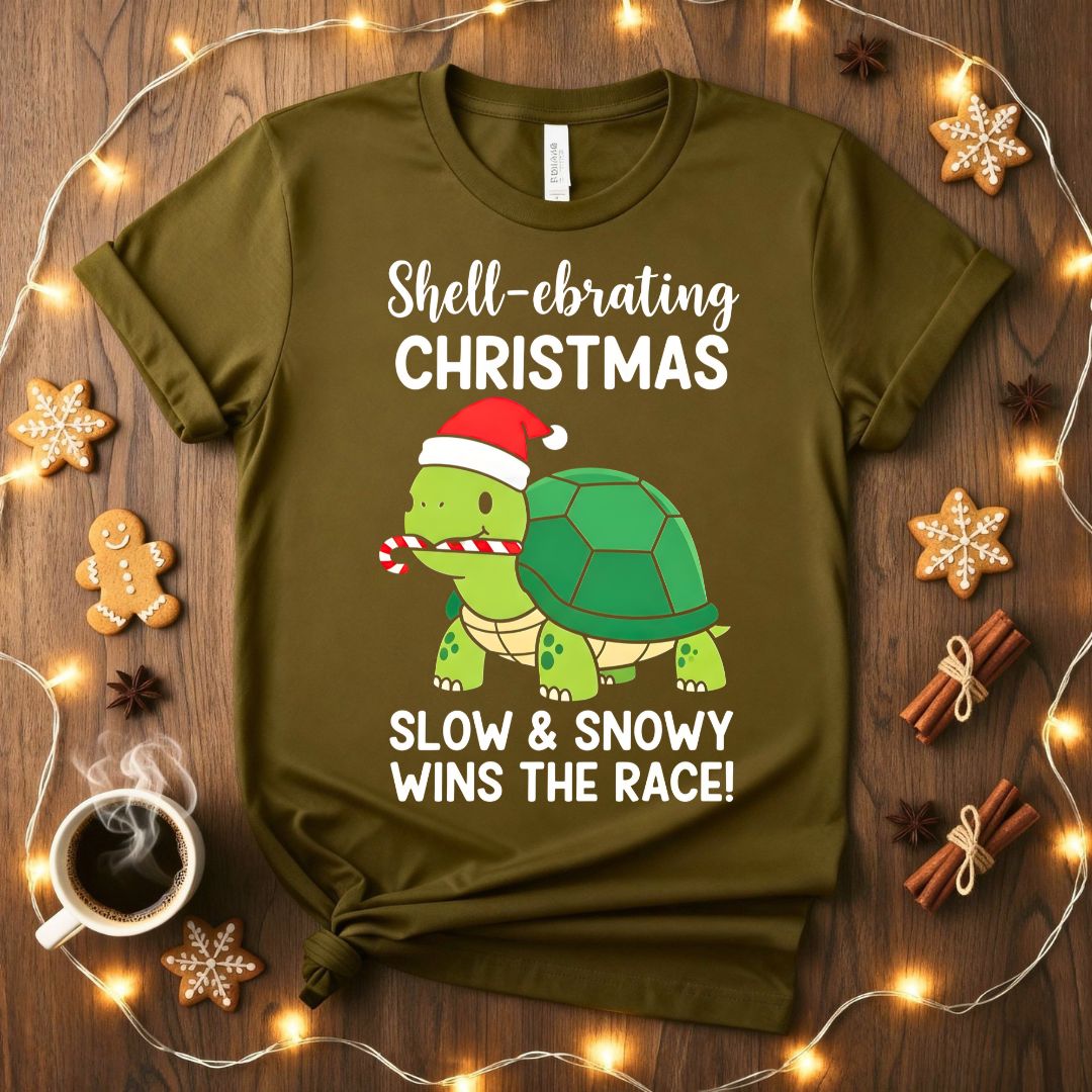Slow and Snowy Wins The Race cozy winter tortoise t-shirt