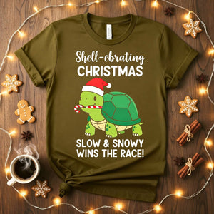 Slow and Snowy Wins The Race cozy winter tortoise t-shirt