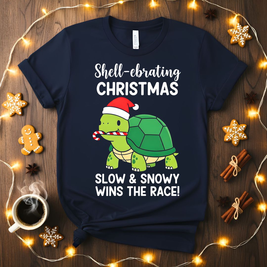 Slow and Snowy Wins The Race cozy winter tortoise t-shirt
