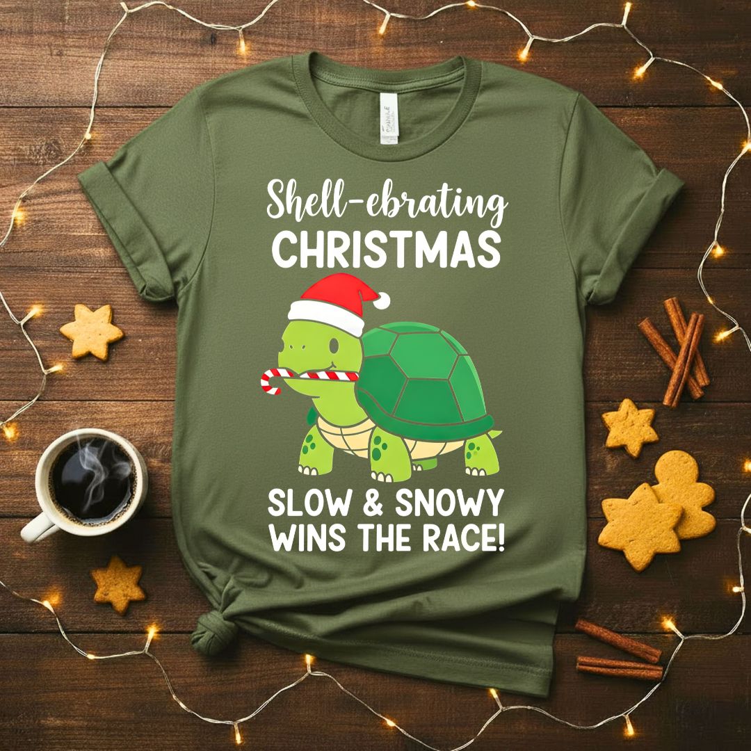 Slow and Snowy Wins The Race cozy winter tortoise t-shirt