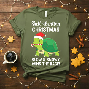 Slow and Snowy Wins The Race cozy winter tortoise t-shirt
