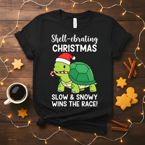 Slow and Snowy Wins The Race cozy winter tortoise t-shirt