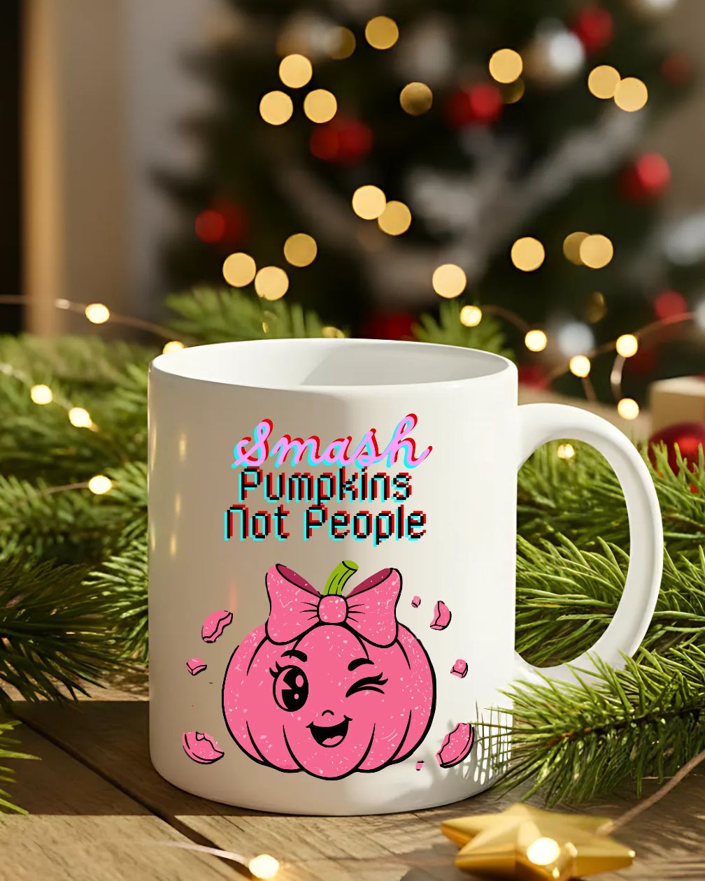 Smash Pumpkin Not People Mug – Funny Halloween ceramic coffee cup with bold text design