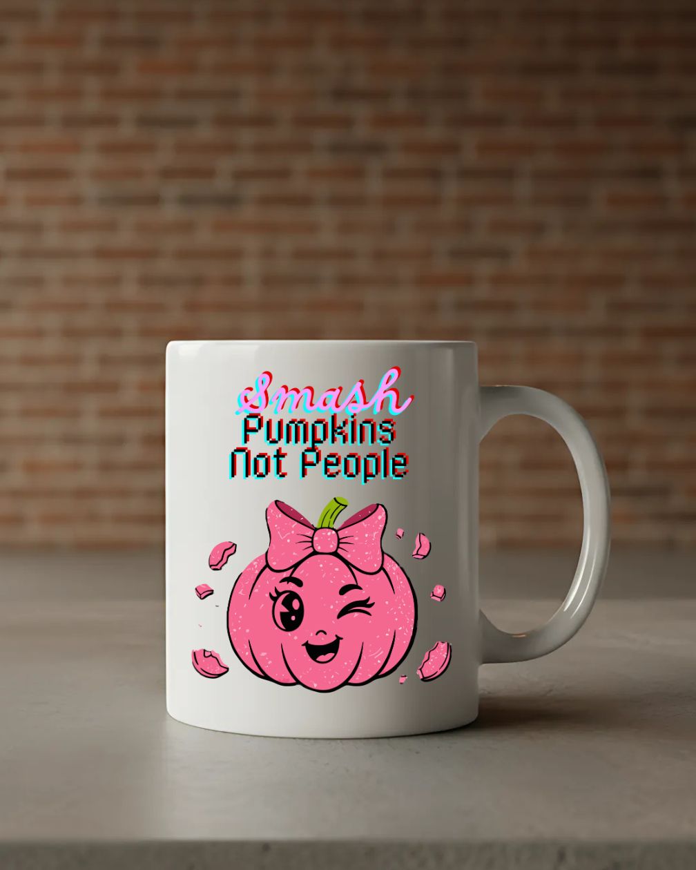 Smash Pumpkin Not People Mug – Funny Halloween ceramic coffee cup with bold text design