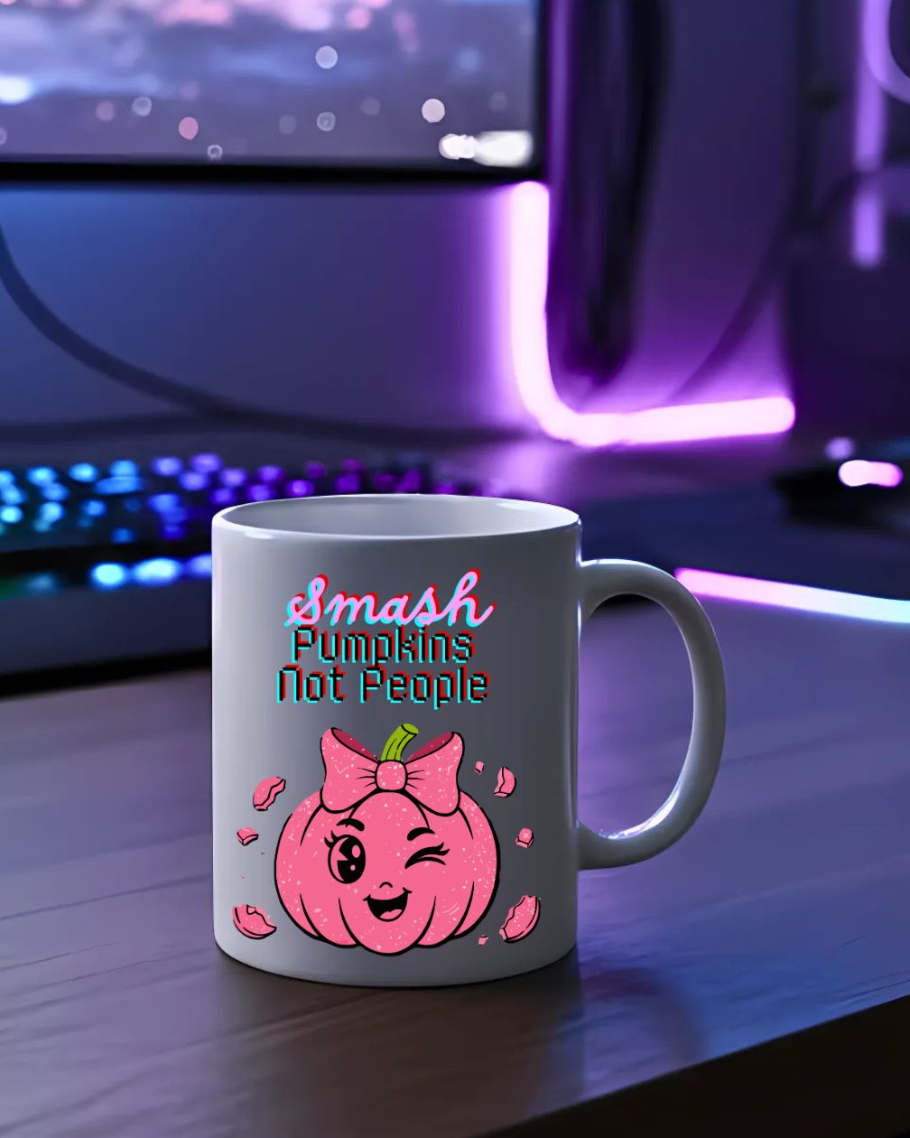 Smash Pumpkin Not People Mug – Funny Halloween ceramic coffee cup with bold text design