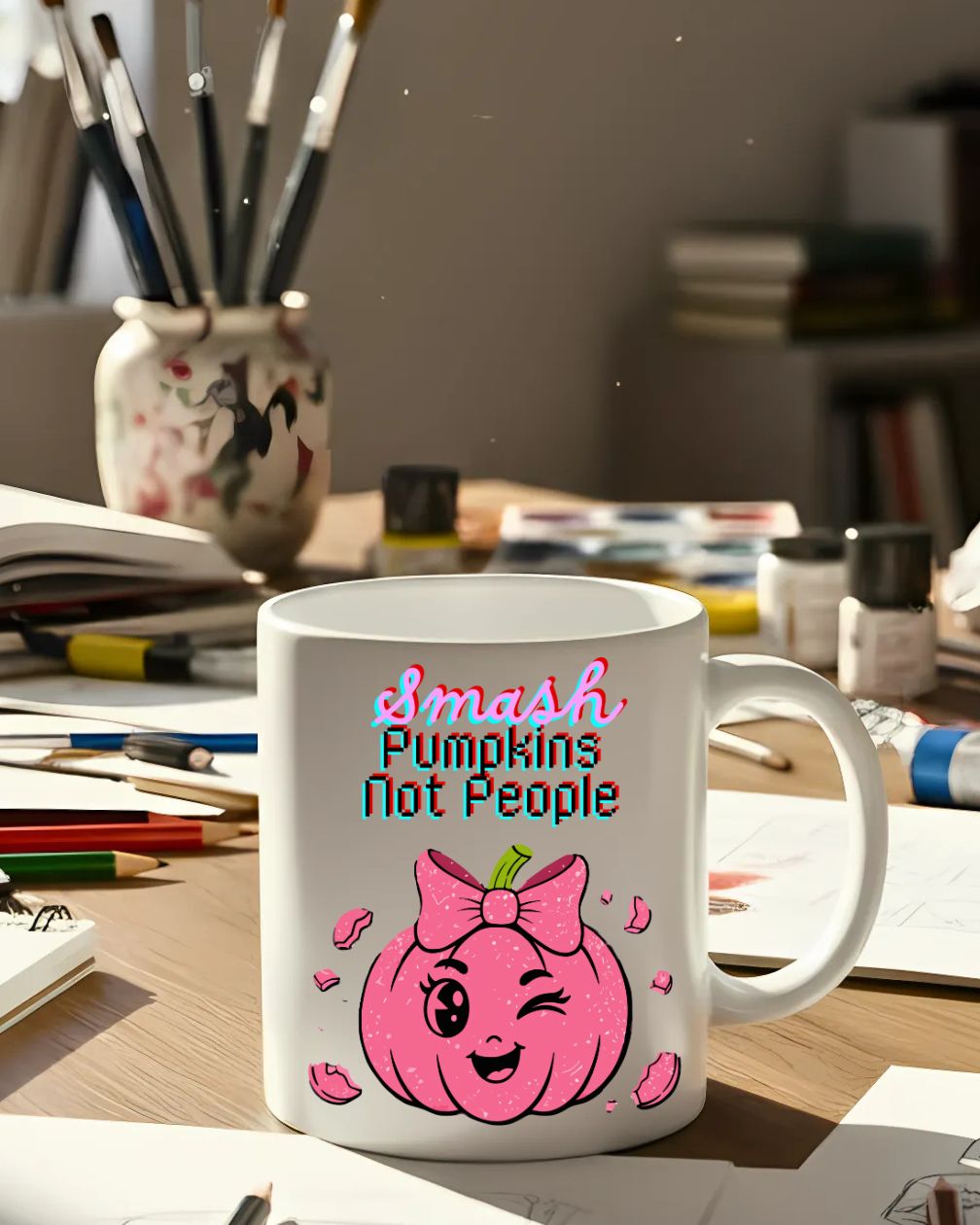 Smash Pumpkin Not People Mug – Funny Halloween ceramic coffee cup with bold text design