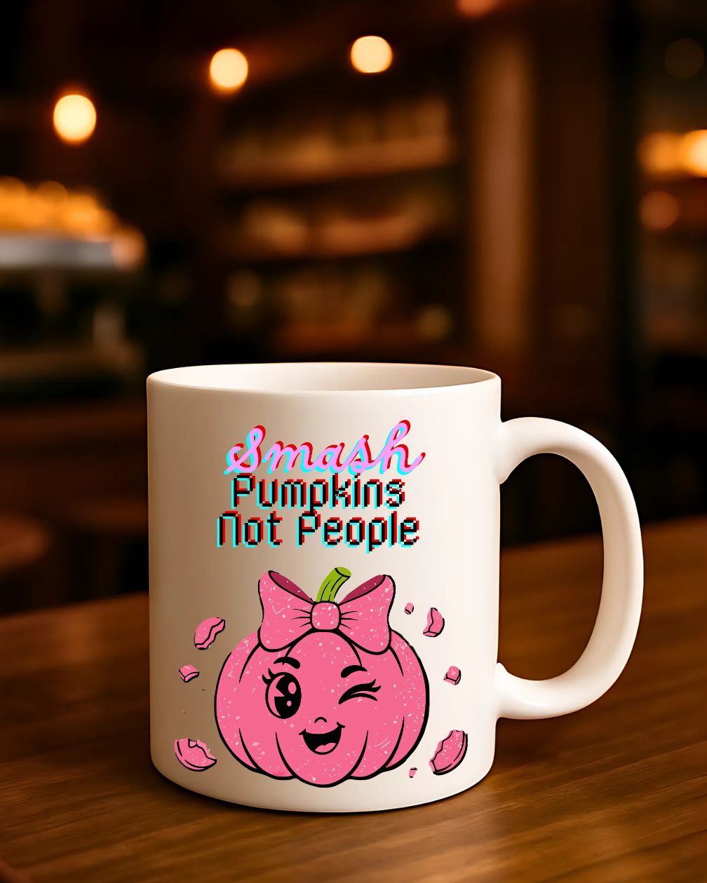 Smash Pumpkin Not People Mug – Funny Halloween ceramic coffee cup with bold text design