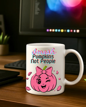 Smash Pumpkin Not People Mug – Funny Halloween ceramic coffee cup with bold text design