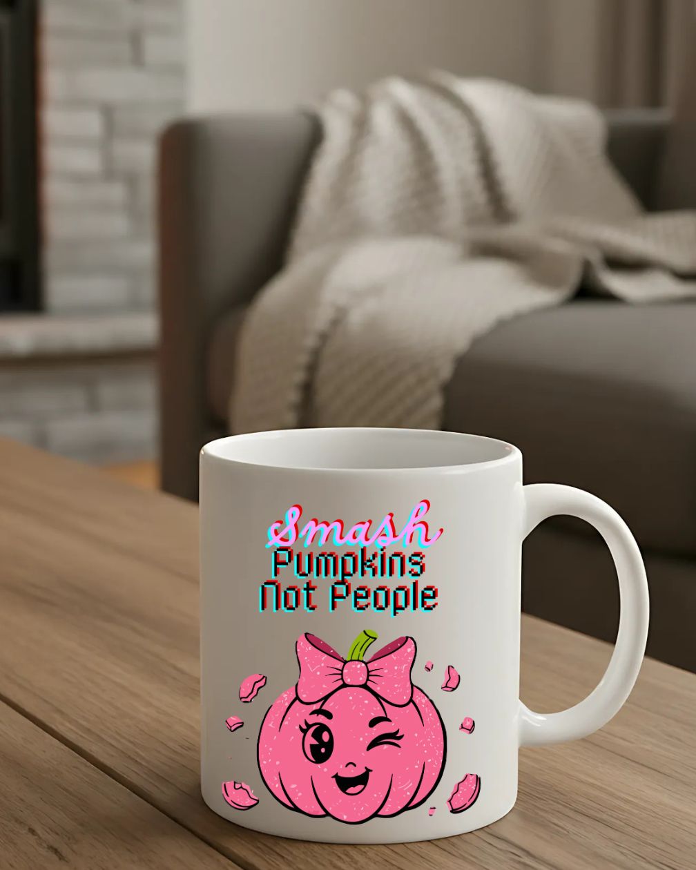 Smash Pumpkin Not People Mug – Funny Halloween ceramic coffee cup with bold text design