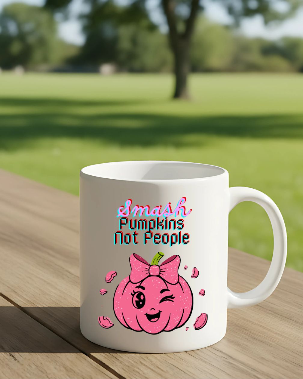 Smash Pumpkin Not People Mug – Funny Halloween ceramic coffee cup with bold text design