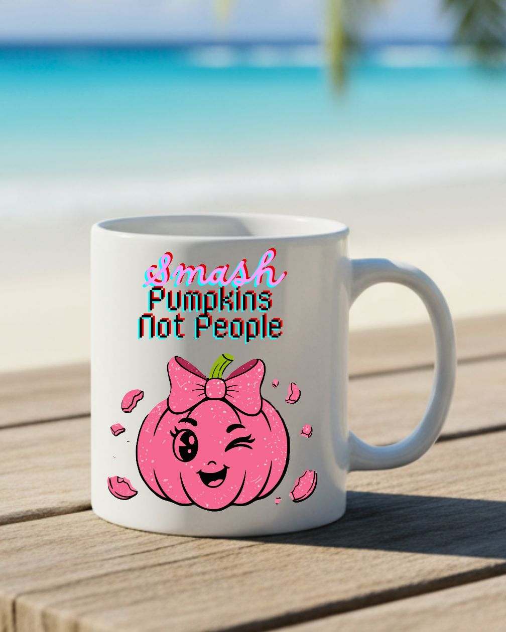 Smash Pumpkin Not People Mug – Funny Halloween ceramic coffee cup with bold text design