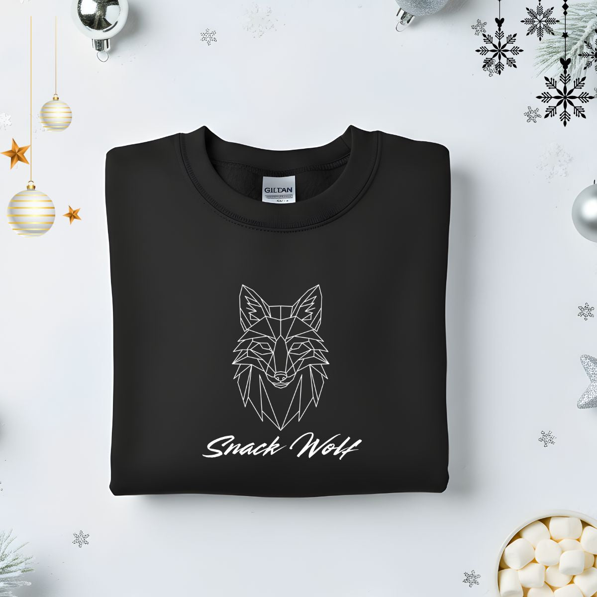 Snack Wolf Typographical Embroidered Sweatshirt – funny snack lover sweatshirt with minimalist embroidered text, soft unisex fleece pullover from Memez.Store, perfect for midnight snackers and food enthusiasts.