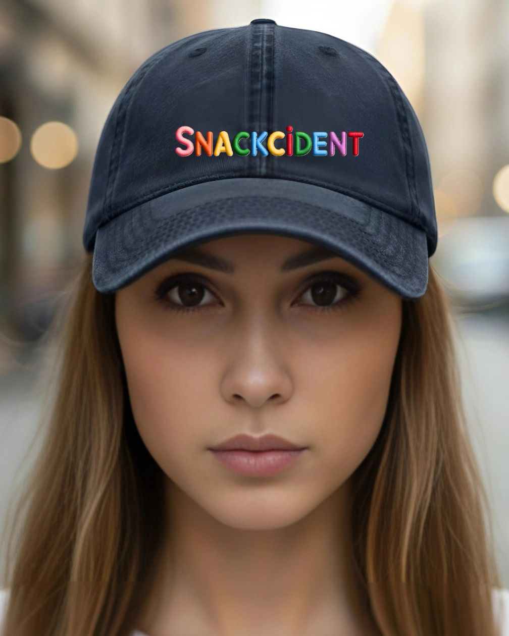 Snackcident embroidered cotton dad hat meme design