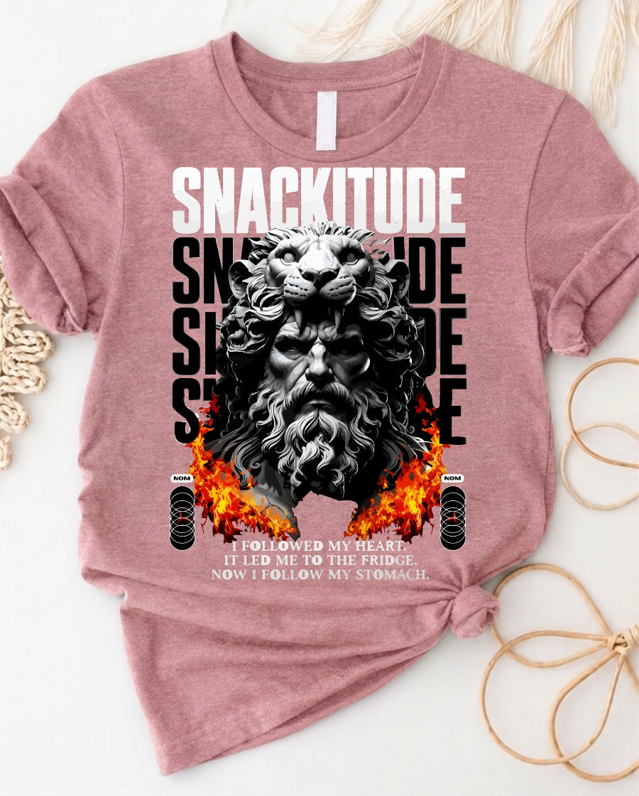 Snackitude lion warrior funny graphic t-shirt with bold snack lover design