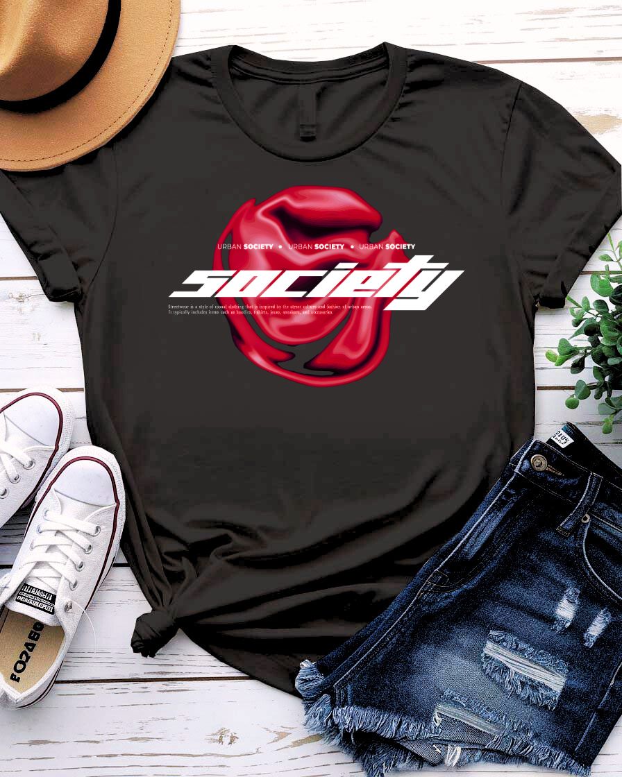 Society Streetwear Tee with lone figure walking away from crowd graphic on model