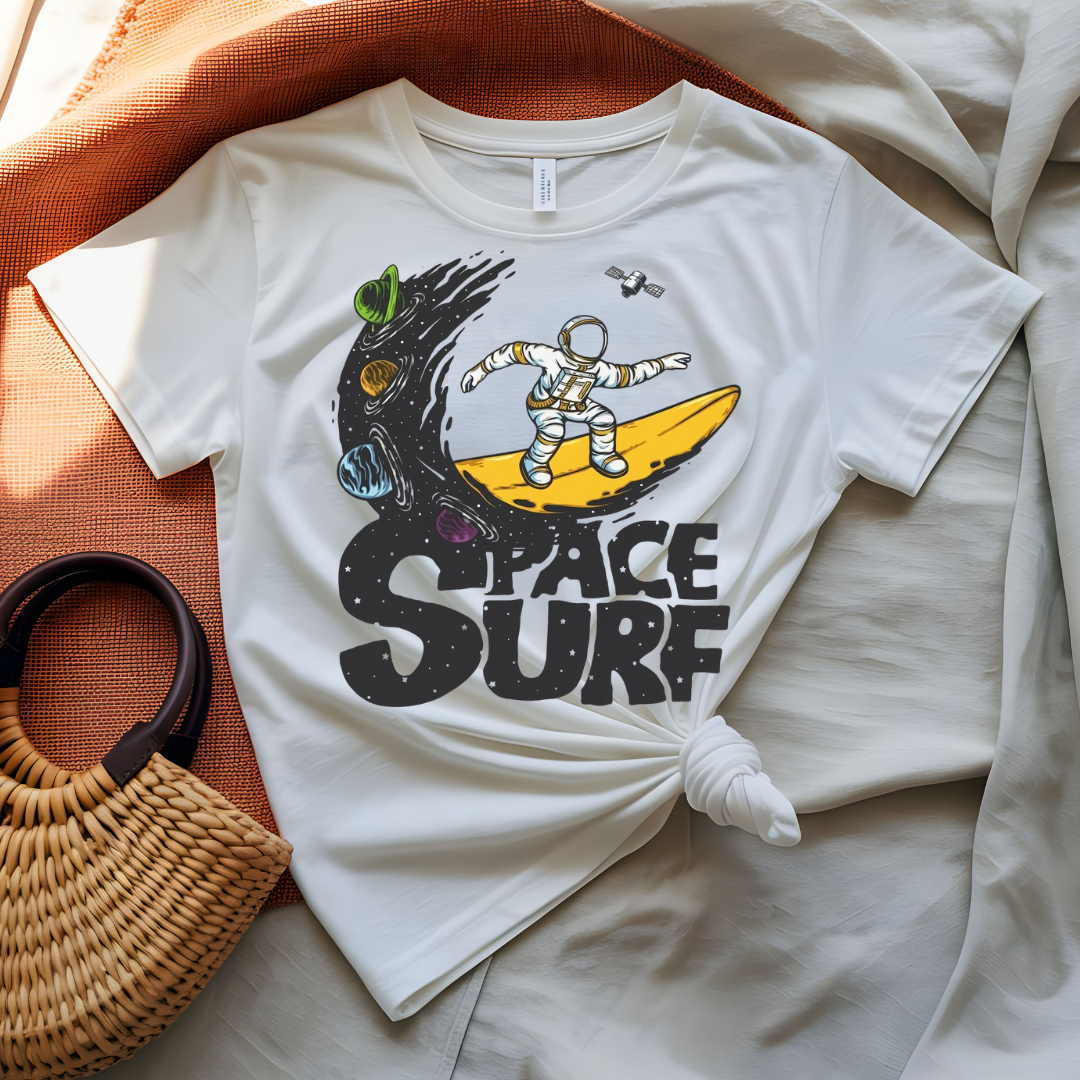 Space Surf Tee with astronaut surfing on a cosmic wave