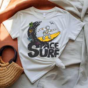 Space Surf Tee with astronaut surfing on a cosmic wave