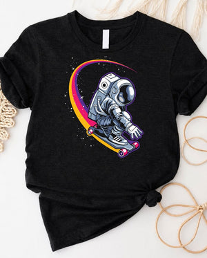Space skate t-shirt with cosmic skateboard graphic design and neon stars