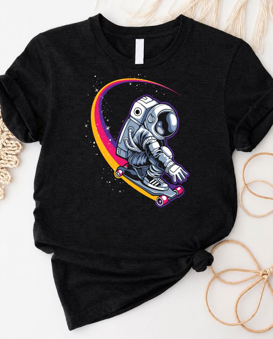 Space skate t-shirt with cosmic skateboard graphic design and neon stars