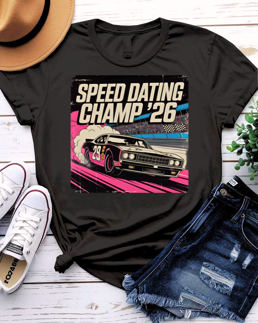 Speed Dating Champ T-Shirt with vintage trophy graphic and bold text