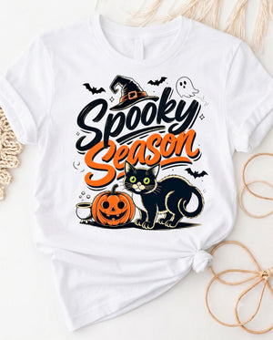 Spooky season halloween t-shirt with black cat pumpkin and witch hat graphic