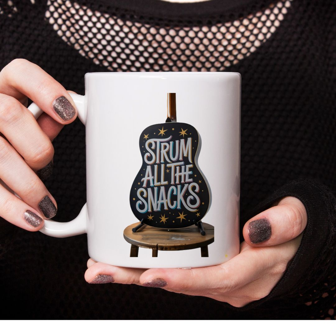 Strum All The Snacks funny food meme ceramic mug
