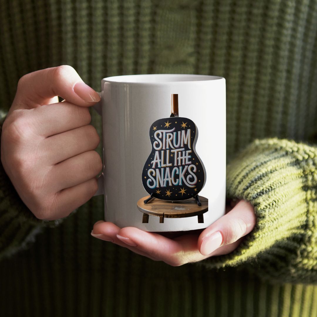 Strum All The Snacks funny food meme ceramic mug