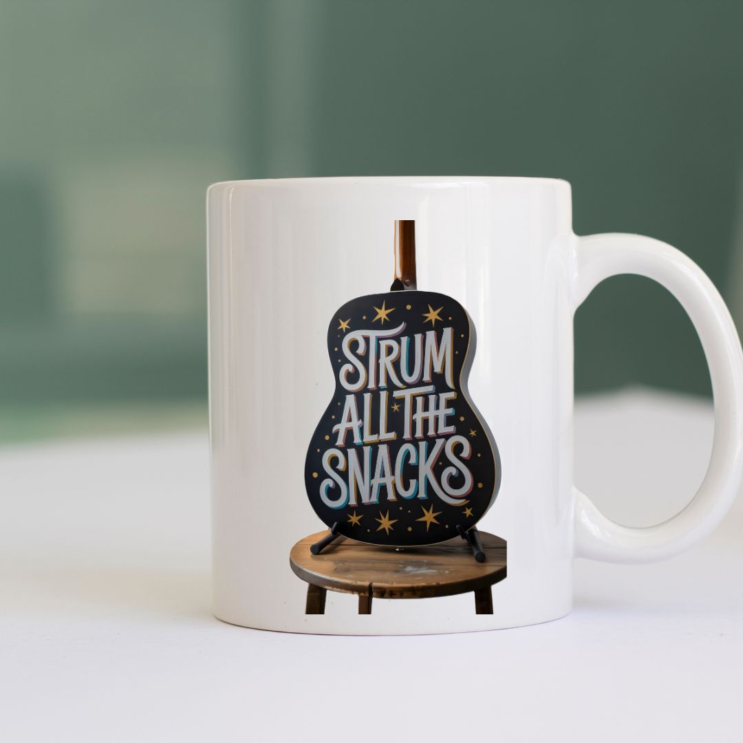 Strum All The Snacks funny food meme ceramic mug