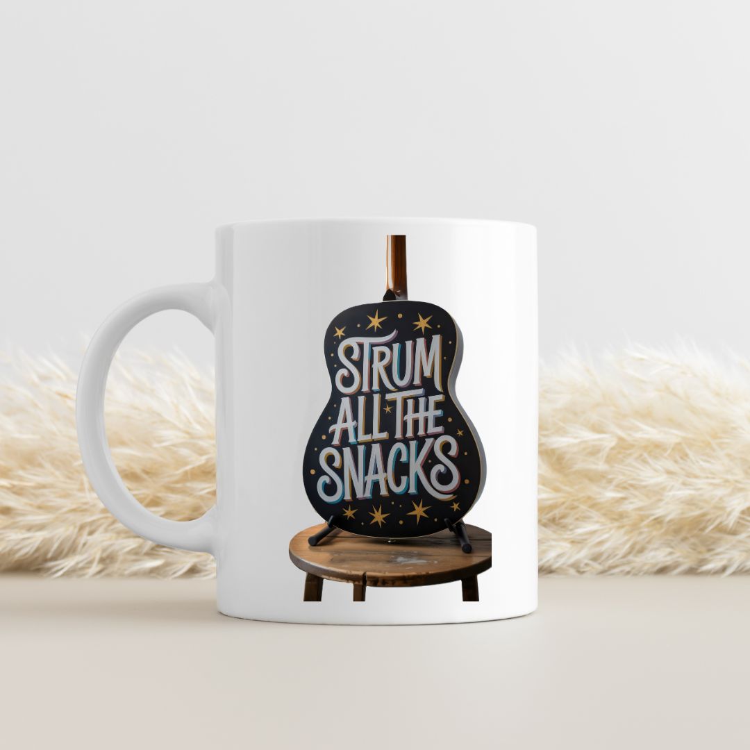 Strum All The Snacks funny food meme ceramic mug