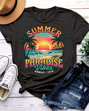 Summer paradise vibes tee turquoise sunset palm trees