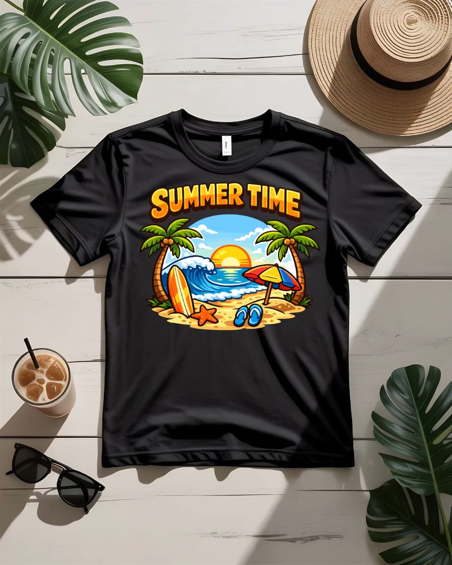Summer time vibes tee retro script sunburst graphic