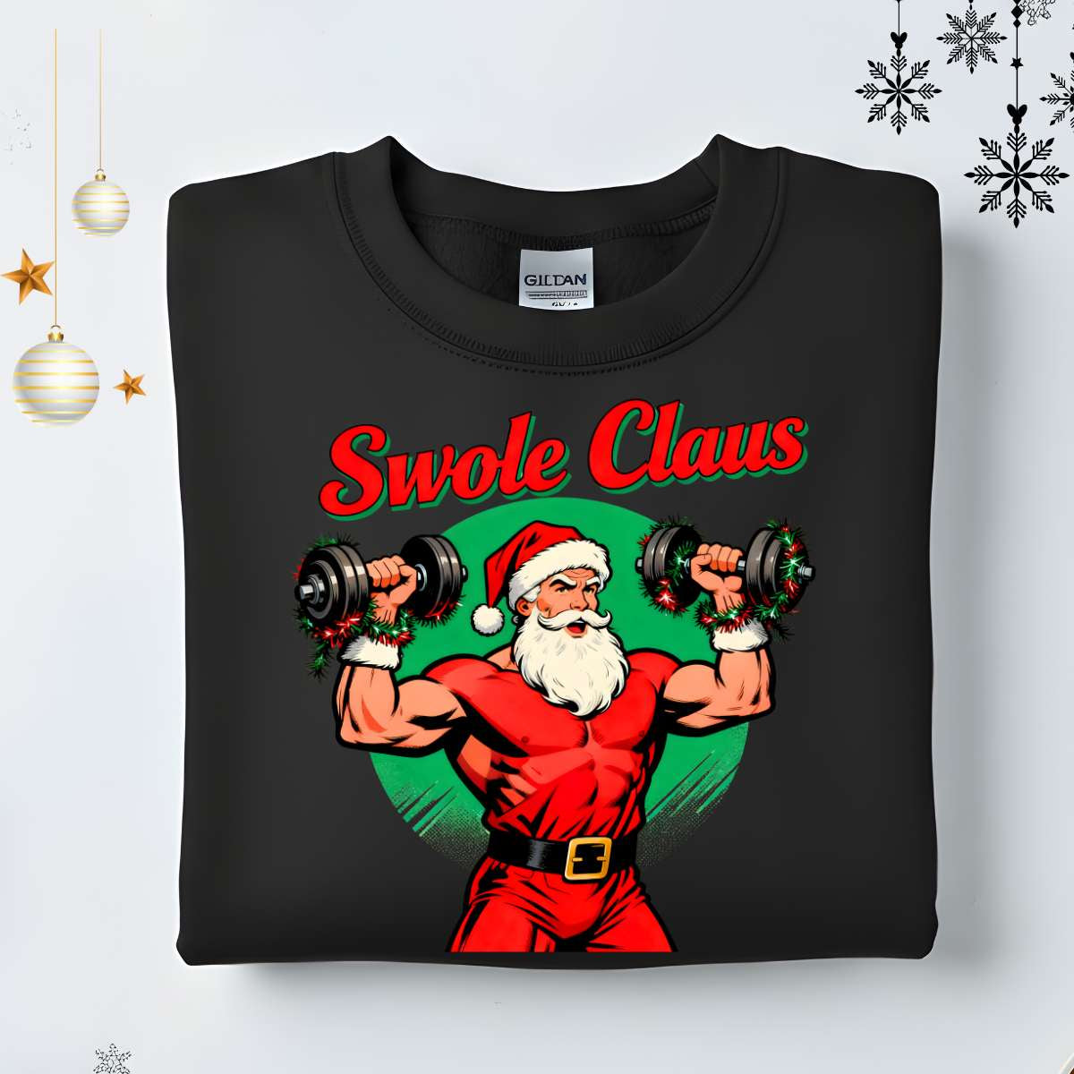 Swole Claus Retro Christmas Sweatshirt – vintage gym Santa lifting weights meme sweatshirt by Memez.Store.