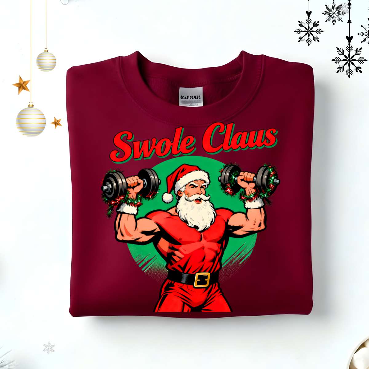 Swole Claus Retro Christmas Sweatshirt – vintage gym Santa lifting weights meme sweatshirt by Memez.Store.