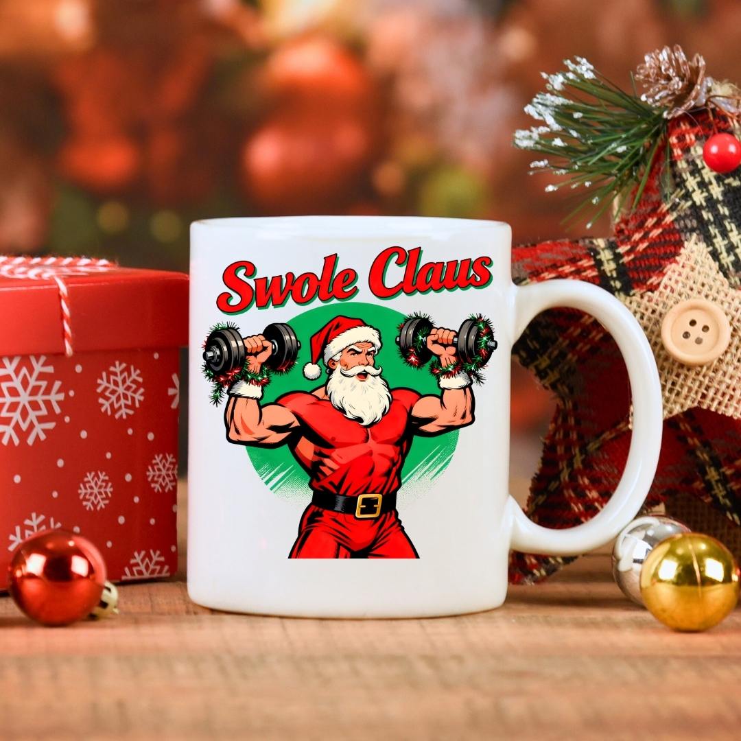 Swole Clause Christmas Ceramic Mug – funny fitness holiday mug featuring muscular Santa flexing, available in 11oz and 15oz, by Memez.Store.