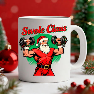 Swole Clause Christmas Ceramic Mug – funny fitness holiday mug featuring muscular Santa flexing, available in 11oz and 15oz, by Memez.Store.