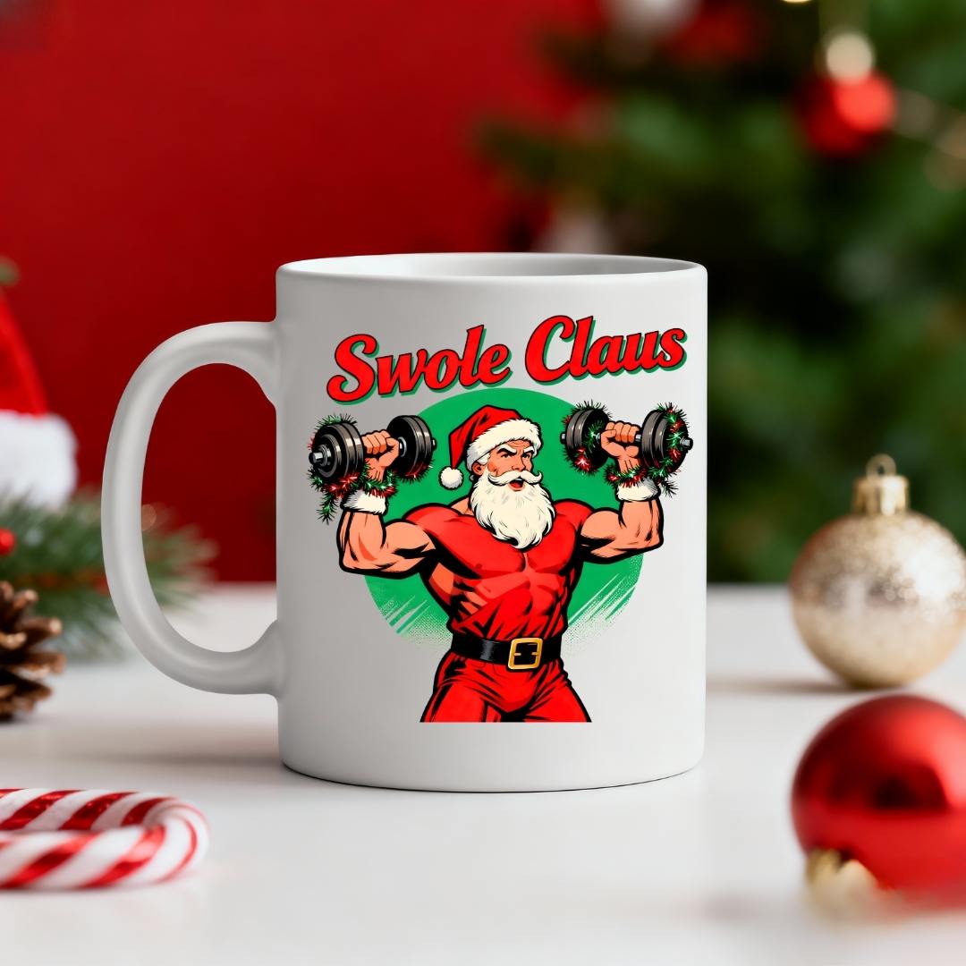 Swole Clause Christmas Ceramic Mug – funny fitness holiday mug featuring muscular Santa flexing, available in 11oz and 15oz, by Memez.Store.