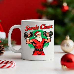 Swole Clause Christmas Ceramic Mug – funny fitness holiday mug featuring muscular Santa flexing, available in 11oz and 15oz, by Memez.Store.