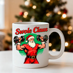 Swole Clause Christmas Ceramic Mug – funny fitness holiday mug featuring muscular Santa flexing, available in 11oz and 15oz, by Memez.Store.