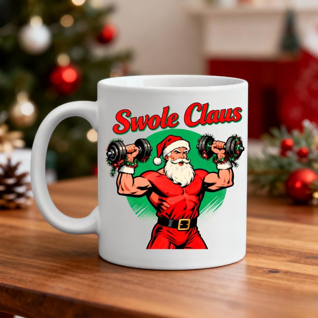 Swole Clause Christmas Ceramic Mug – funny fitness holiday mug featuring muscular Santa flexing, available in 11oz and 15oz, by Memez.Store.